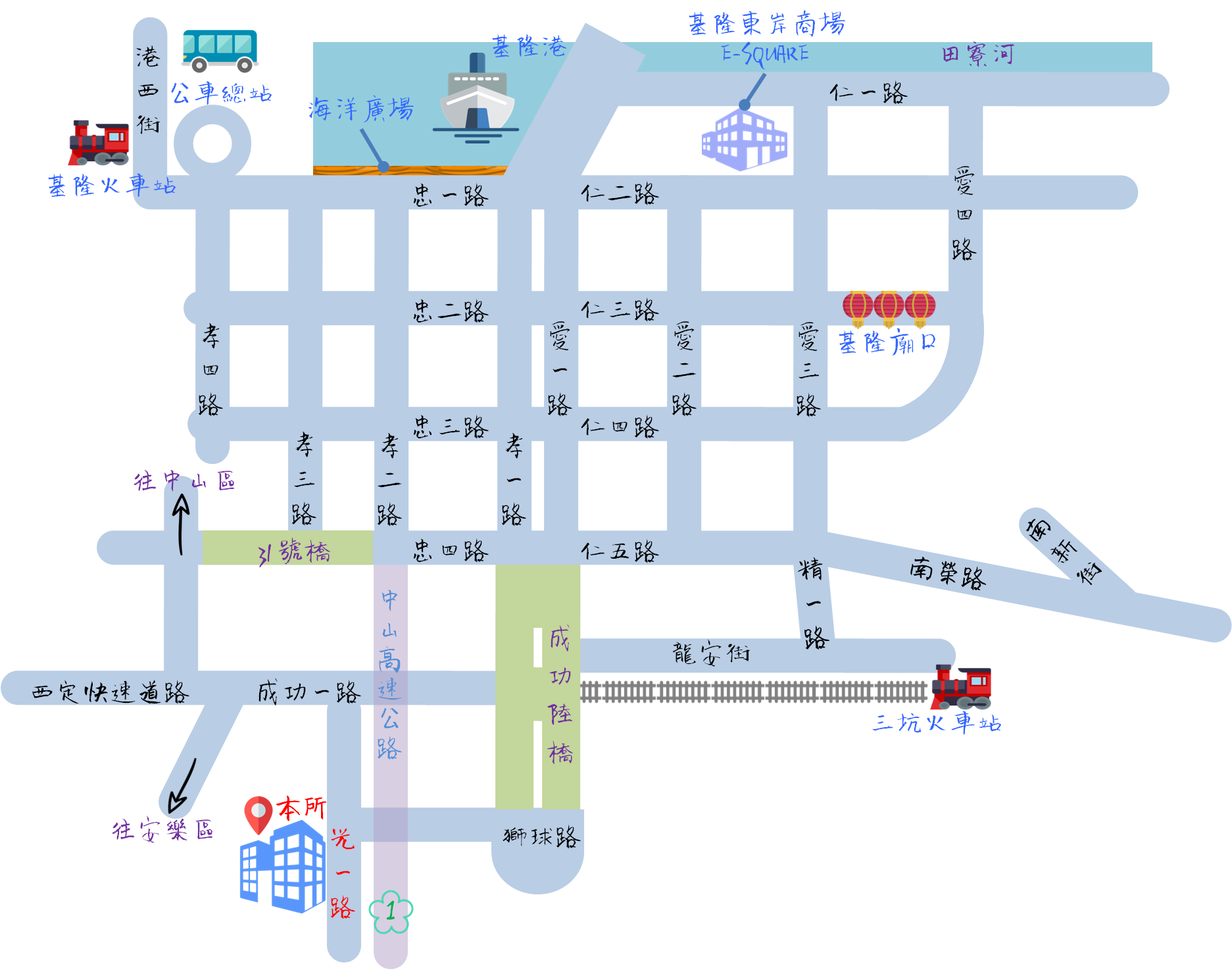 仁愛區衛生所轄內主要街道及特色景點相對交通位置